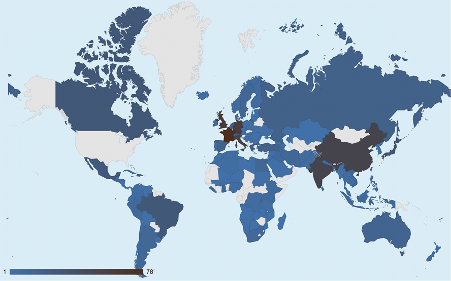 map of the world with some countries highlighted in different shades of blue