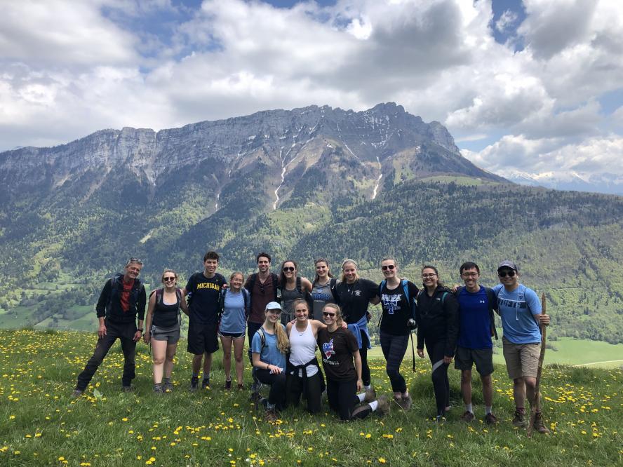 Tufts students and their professor after a hike in the mountains in Talloires, France