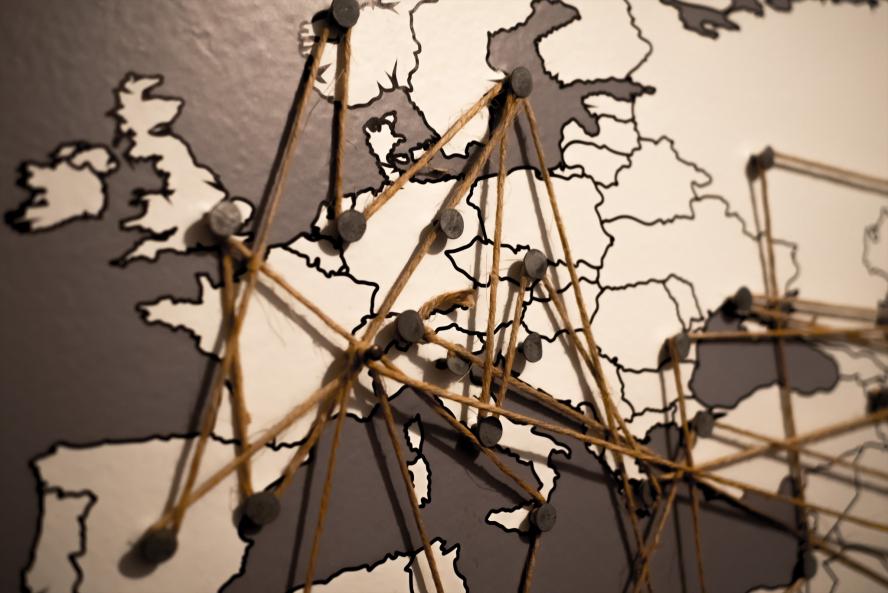 Map focused on Europe connected by pins