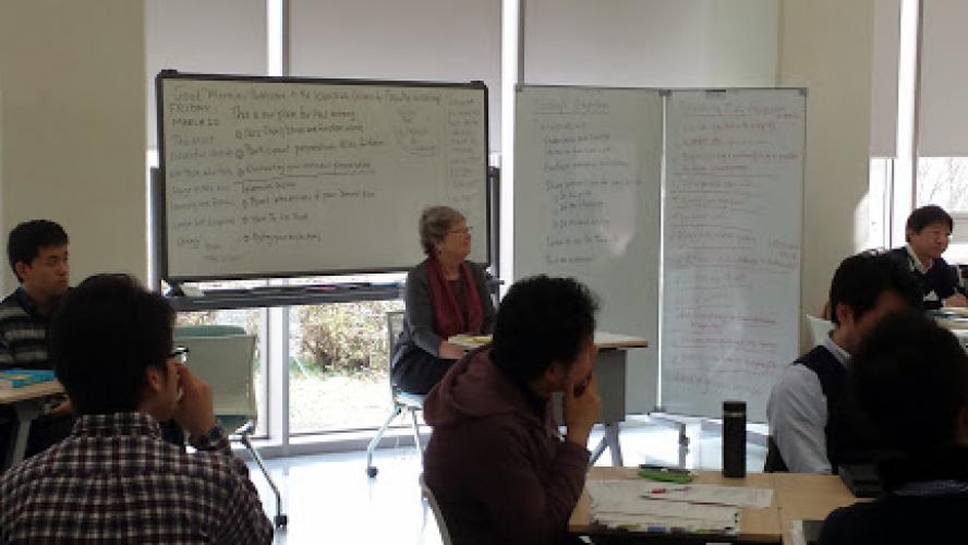 A group of students in a language course taught by Lynn Stevens