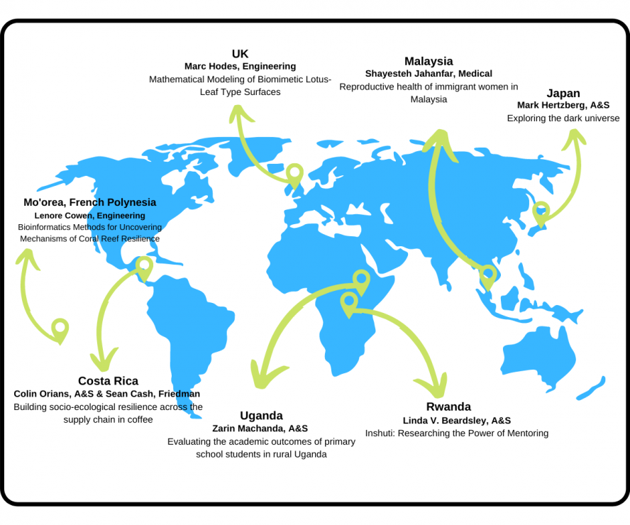 World map showing 2020 GRAP project locations according to primary researcher and their topic.