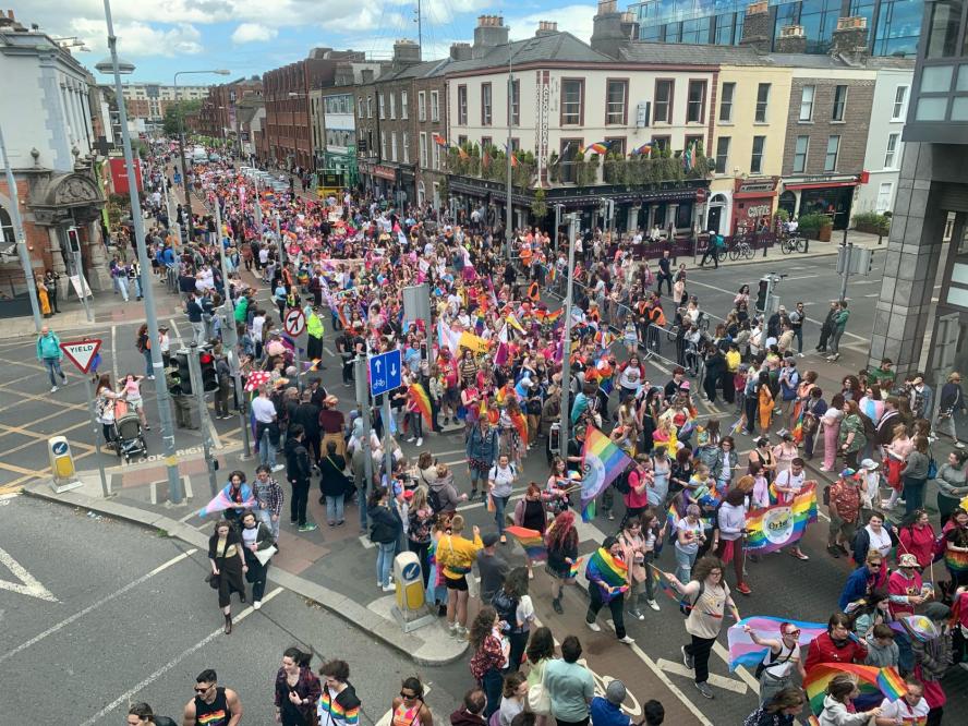 This photo is taken from Trinity College campus, overlooking the Dublin Pride Parade as the youth groups of Youth Work Ireland march below.