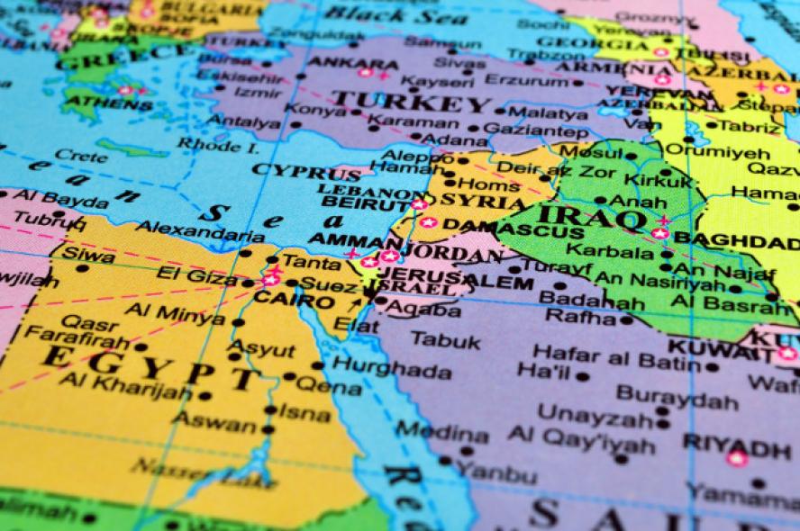 A multicolored map of the Middle East. With U.S. disengagement come new questions and risks, say Tufts alumnae foreign relations experts at IGL forum.