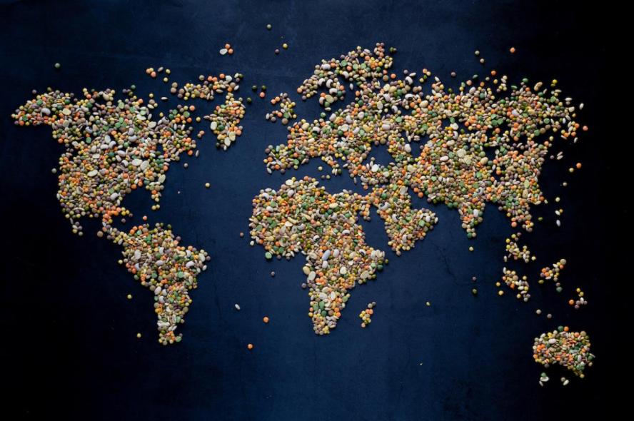 map of the world made of various edible grains