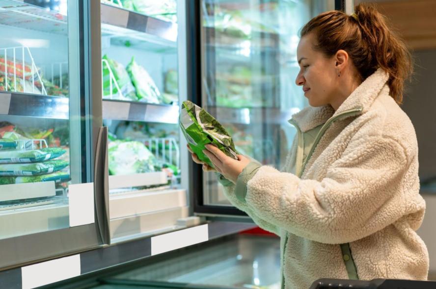 Photograph of a young woman in the freezer aisle at a grocery store. She is reading the nutrition panel on the back of a bag of frozen vegetables.