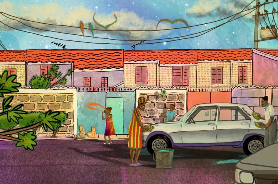 two people wash a car while a girl skips rope