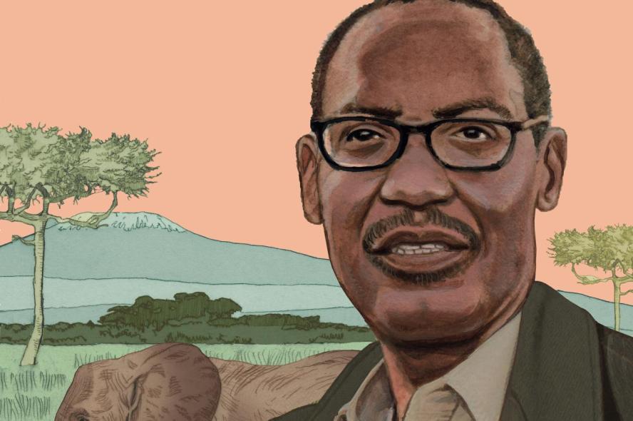 An illustration of Kaddu Sebunya, with an elephant in the background