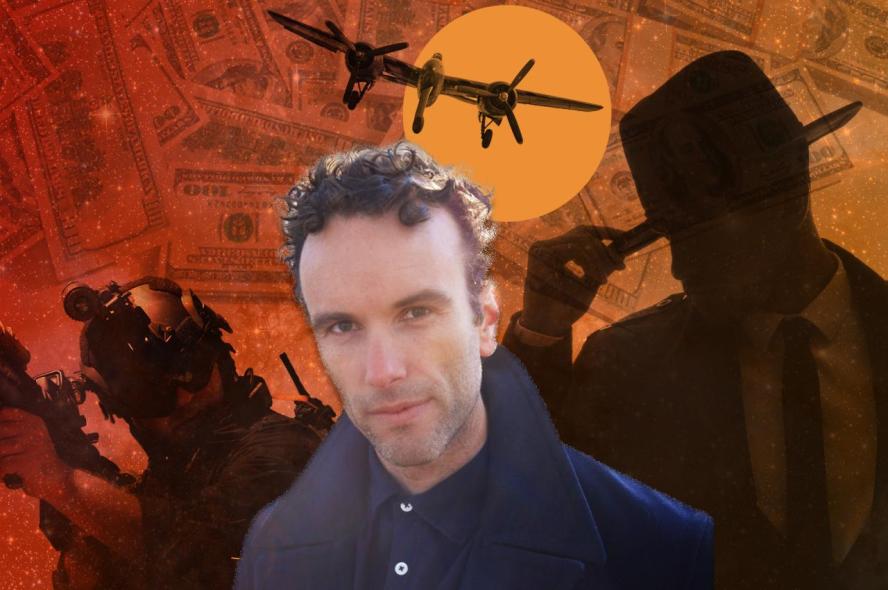 Man in coat and button down shirt against orange background wth money plane moon soldier and detective