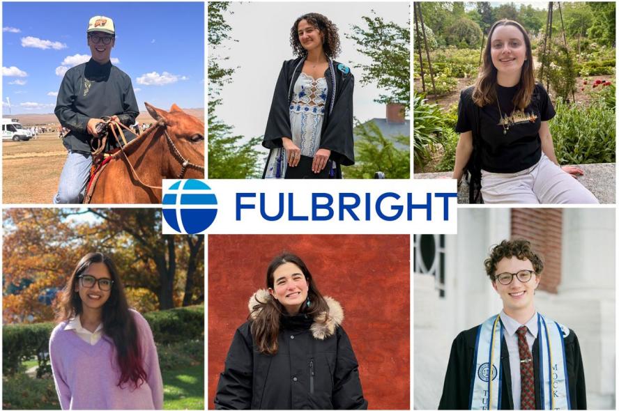Six headshots of Fulbright recipients from Tufts with the Fulbright logo at the center