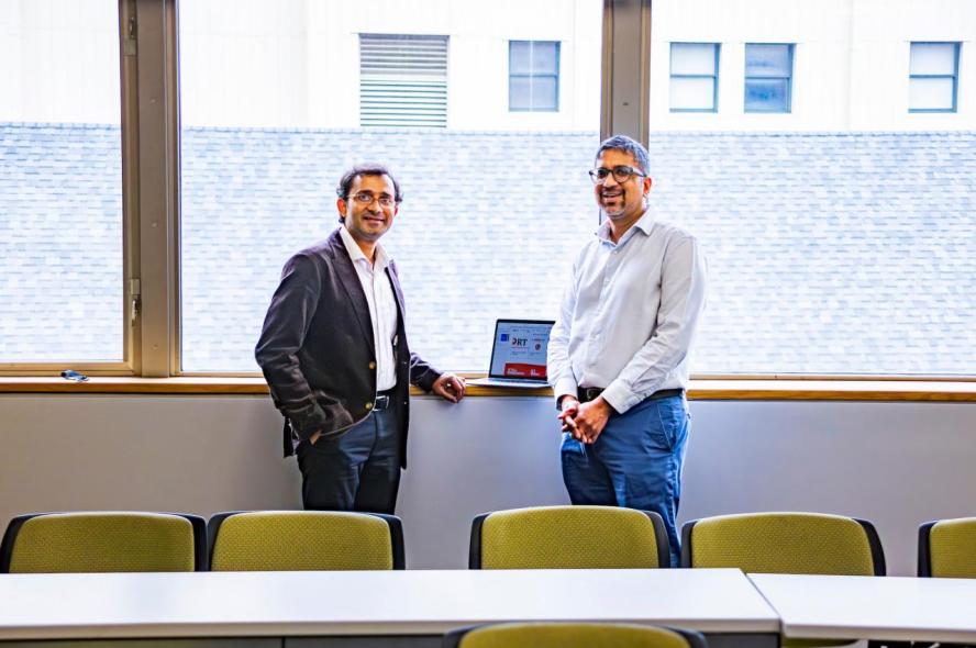 Jaya Prassad Tripathy and Ramnath Subbaraman in a classroom at Tufts University School of Medicine