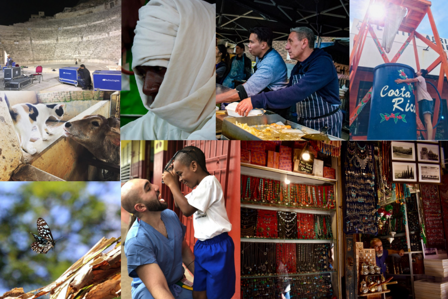 A collage of photos from locations around the world, taken by Tufts students
