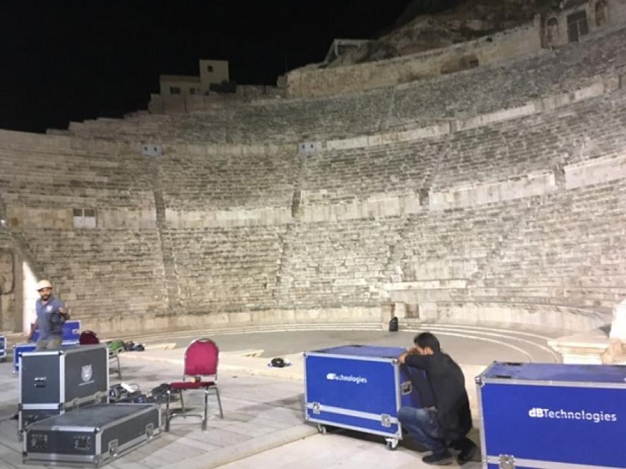 Modern equipment being taken down after a rock concert at the Roman Amphitheater in Amman, Jordan