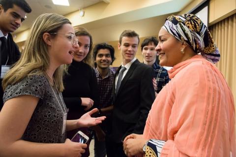 Tufts students speak with Amina J. Mohammed, Deputy Secretary General of the United Nations. Mohammed was awarded the Dr. Jean Mayer Global Citizenship by IGL at the 2018 EPIIC Symposium.