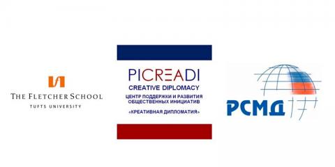 Logos for the sponsors of the Kortunov Foreign Policy Debates: Fletcher School of Law and Diplomacy,  Center for the Support and Development of Public Initiatives Creative Diplomacy, and  Russian International Affairs Council