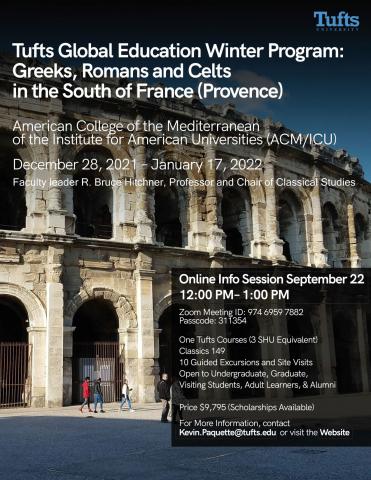 Flyer for Greeks, Romans, and Celts in France Program shows an building in Provence with people strolling in front