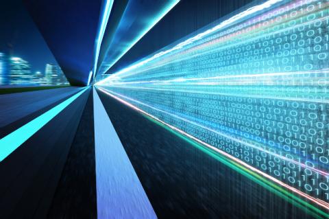 Cybersecurity and the Law abstract illustration of digital bits and a skyline