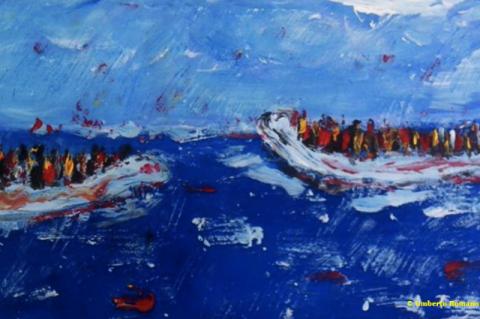 painting of two rafts of migrants meeting in the ocean