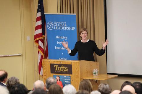 A woman addressing a crowd. Former UN ambassador Samantha Power talks at Tufts about idealism, leaning in, Putin, and more.