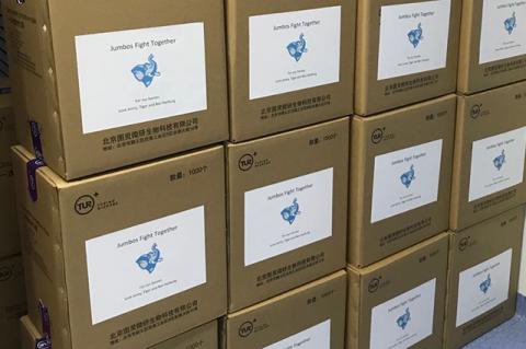 Boxes of procedure masks ready to be shipped out. Tufts University alumnus Ben Harburg, A06, managing partner with global investment firm MSA Capital, has donated 350,000 procedure masks to Tufts Medical Center. 