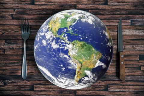 A plate in the shape and colors of the planet Earth, on a wood surface with fork and knife on either side