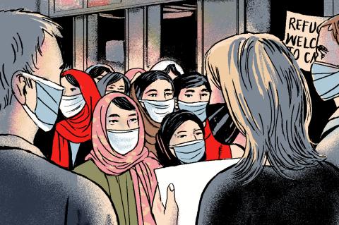An illustration shows Afghan schoolgirls and their families arriving in a Canadian airport after fleeing from their homeland. They are all wearing masks because of the COVID-19 pandemic.