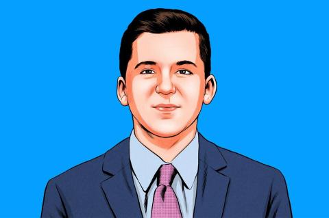 An illustration depicts George Behrakis, president of Young Conservatives for Carbon Dividends.
