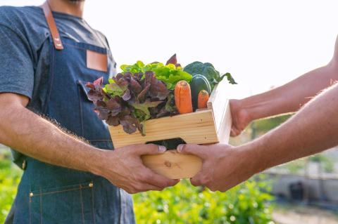 A farmer passing a box of produce to a customer