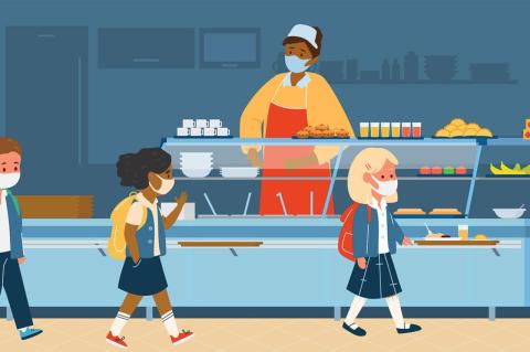 How Changing School Lunches Could Help the Environment An illustration of children lined up at a school lunch counter with lunch trays