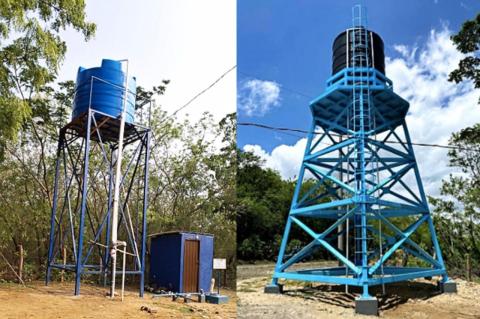 Two water towers side by side, one old and one new. Volunteering with Tufts Engineers Without Borders, undergrad engineers work to improve water access in Malawi and Nicaragua 