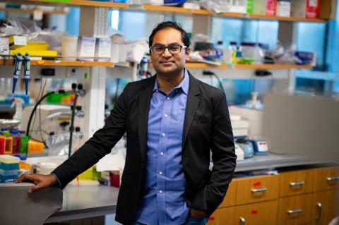 Nikhil Nail in his lab. Tufts researchers bioengineer yeast to feed on agricultural waste, setting the stage for biomanufacturing of biofuels and other products with a very low carbon footprint