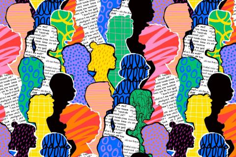 An illustration of profiles of many different types of people in various colors and texts. Tufts professors explain why immigration is an issue, and what the consequences of the election might be for current and future immigrants 