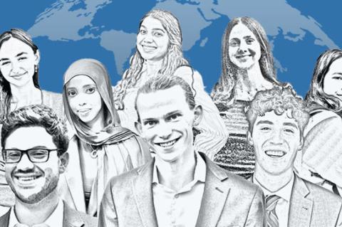 Tufts’ Fulbright Fellows Embark on Global Journeys of Discovery Illustrated in the style of a sketch, the headshots of Tufts Fulbright recipients for the 2025–2026 cycle—Adam Lazarus, Lora Kusaku, Esma Abib, Leo Westgard, Roshni Bhat, Leo Deener, Ann Yancey Bassett, and Yilan Batista—set against a blue background with an outline of a globe behind them.