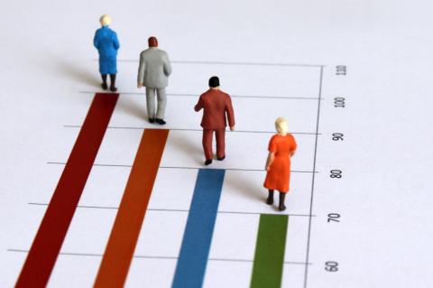 Four figurines set along a bar graph with ages from 70 to 100 on the bar graph
