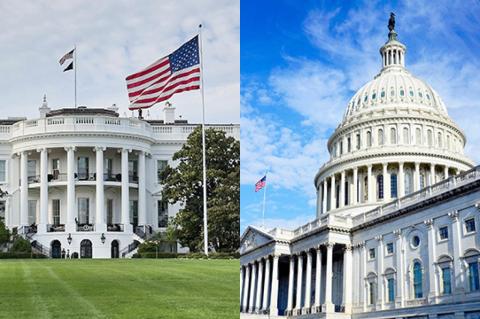 A photo of the White House with an American flag flying in the foreground, next to a photo of the U.S. Capitol