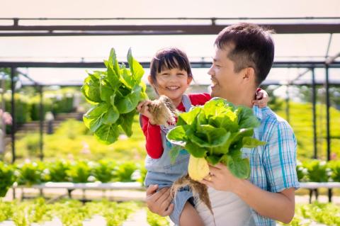 A man holds a little girl with one arm and they both hold a head of lettuce in one hand, with a farm in the background