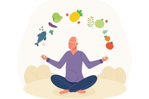 An illustration of an elderly man thinking about nutritious food