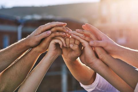 Several hands raised together in partnership