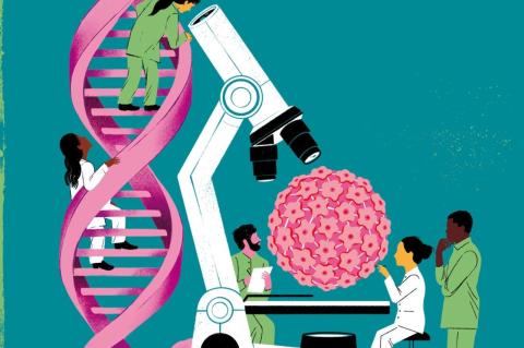 An illustration of scientists and clinicians studying the human papillomavirus