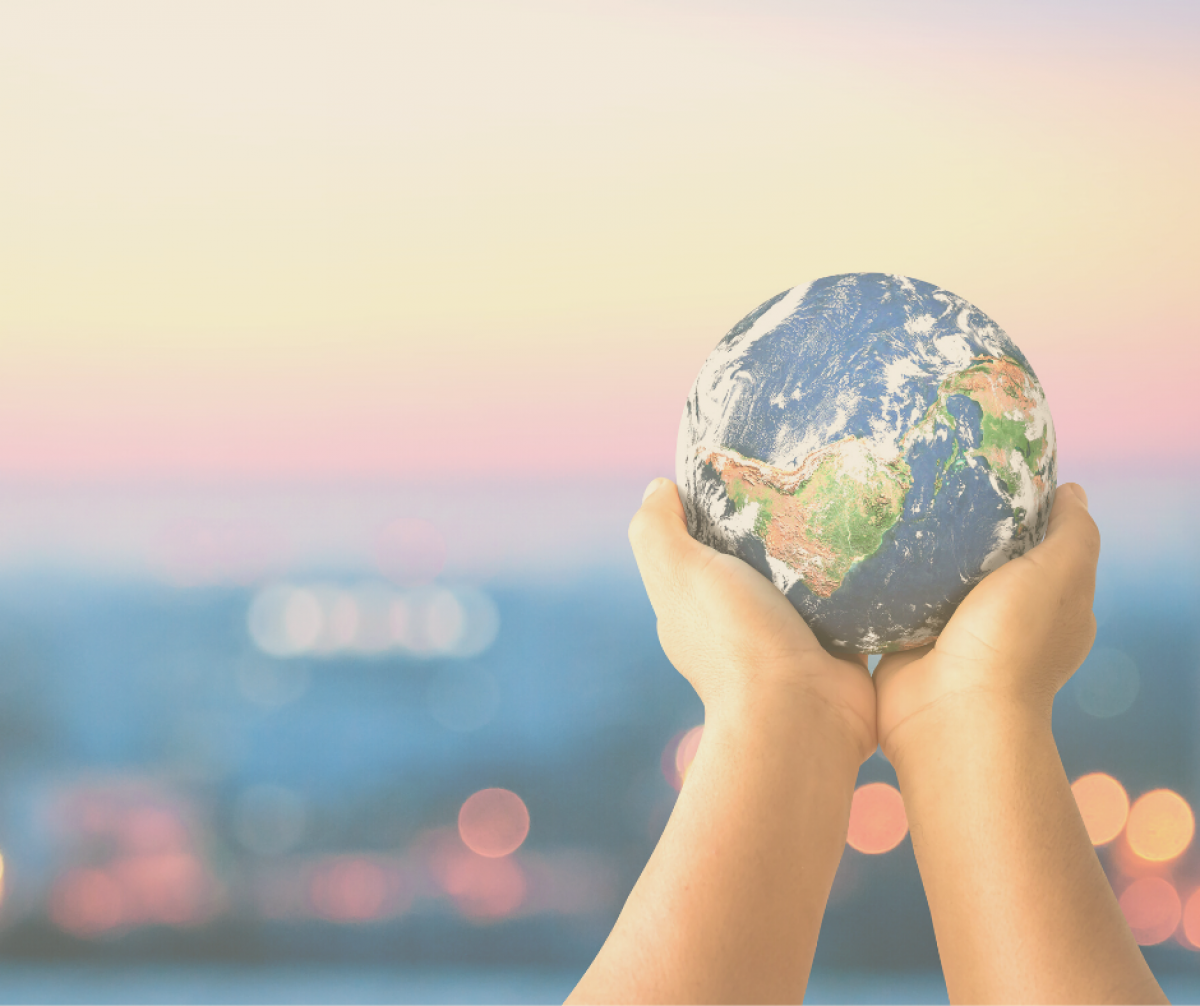 Person holding a globe with a sunset in the background.