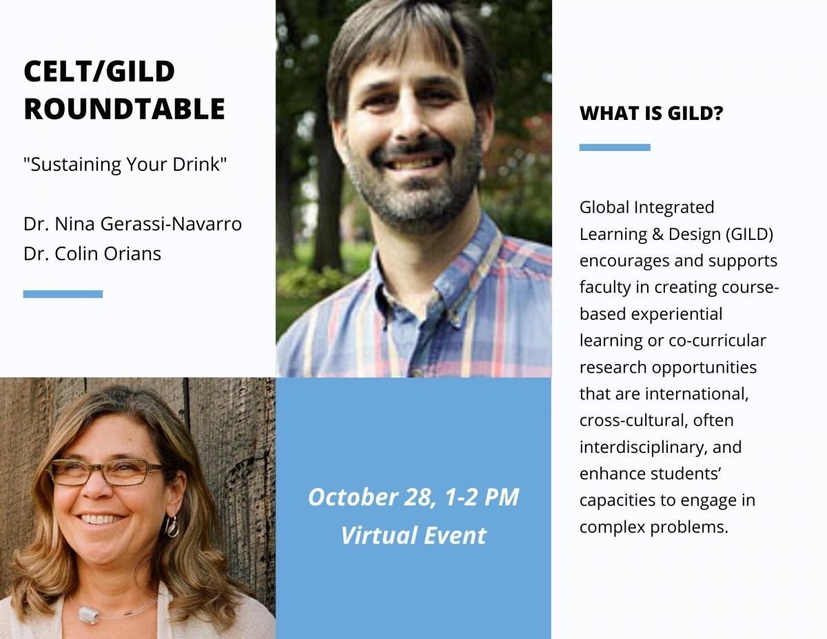 Flyer for CELT roundtable event, showing professors Nina Gerassi-Navarro and Colin Orians