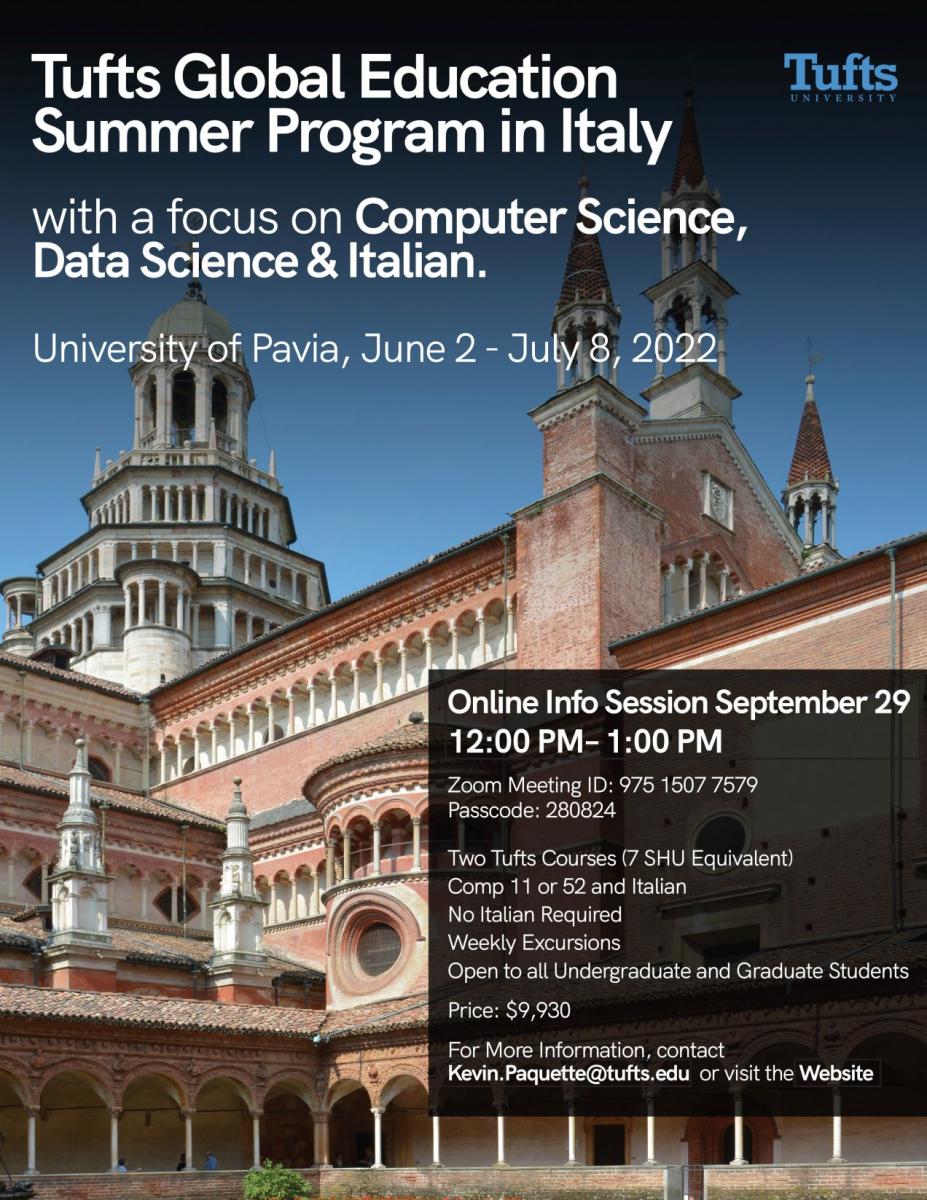 Flyer for Pavia Data Science and Italian Language Program shows a medieval building at the University of Pavia