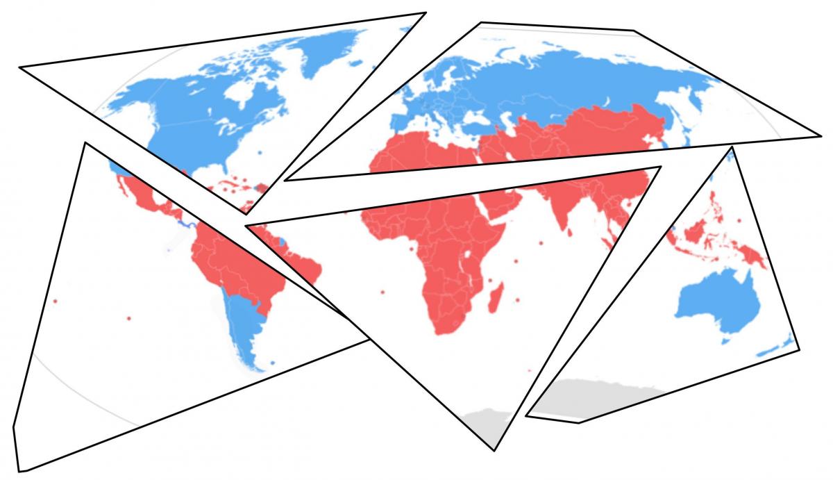 World map is broken up into pieces with developing countries in red and more developed countries in blue