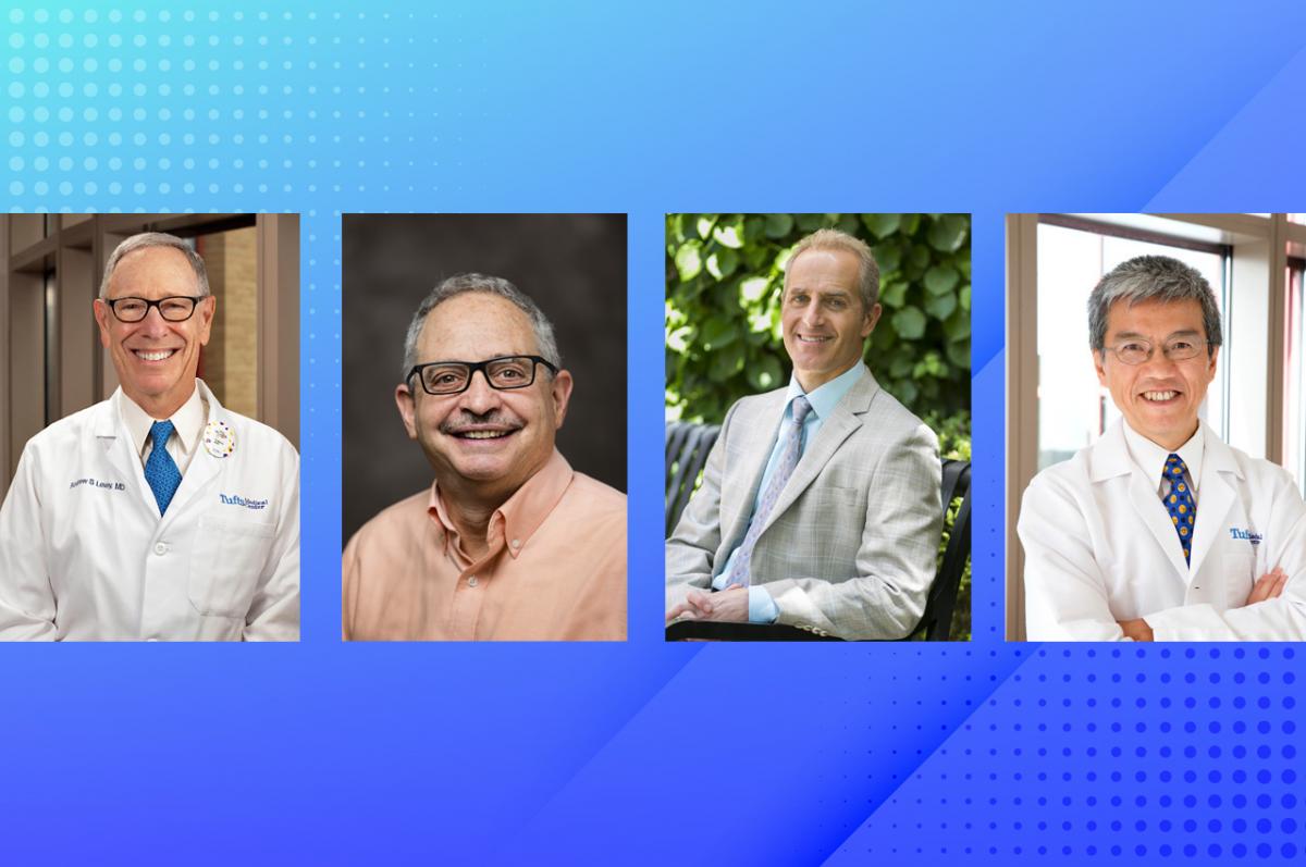 Headshots of the four Tufts faculty who made the Clarivate 2021 list of the world’s most highly cited researchers: Andrew Levey, David Kaplan, Dariush Mozaffarian, and John Wong.