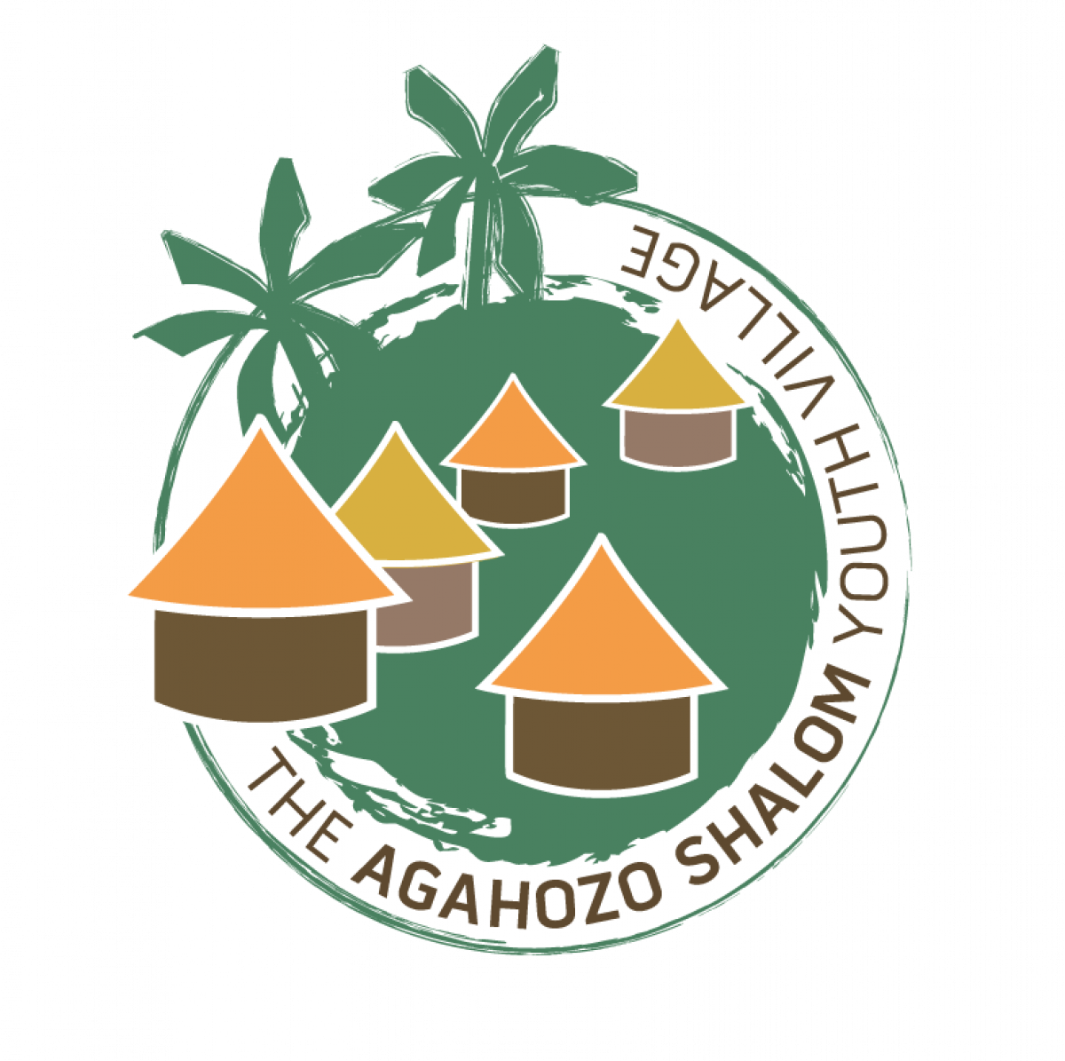 Agahozo-Shalom Youth Village Logo shows a drawing of colorful huts surrounded by palm trees