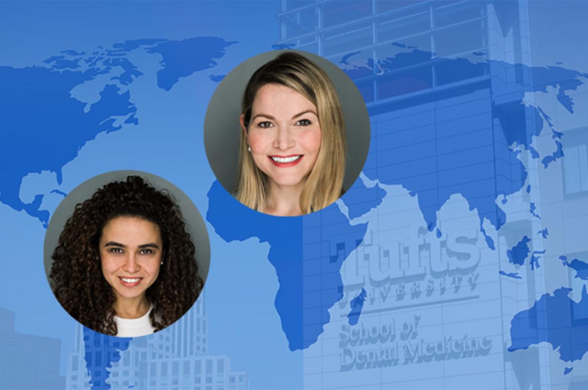 For Dentists Trained Abroad, a Bridge to a U.S. Career An illustration showing a world map, Irina Dragon, Gabriela Lagreca, and the Tufts School of Dental Medicine.