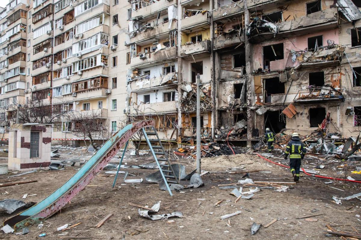 An apartment building in Kyiv, Ukraine, heavily damaged by Russian bombing