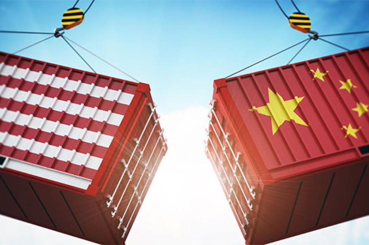 American and Chinese flag textured cargo containers clashing