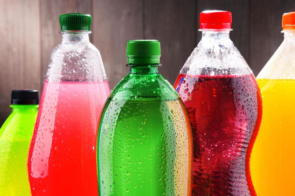 Bottles of sugar-sweetened beverages such as sodas and energy drinks