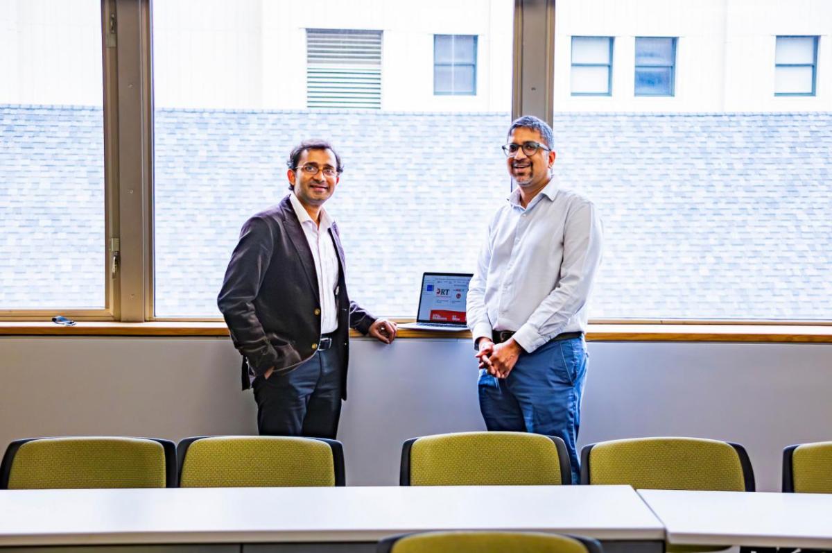 Jaya Prassad Tripathy and Ramnath Subbaraman in a classroom at Tufts University School of Medicine